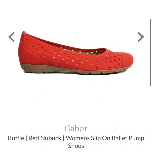 GABOR 5 Red Suede Ballet Mini-Wedge with Brogue Square Detailing Ruffle - Picture 2 of 9